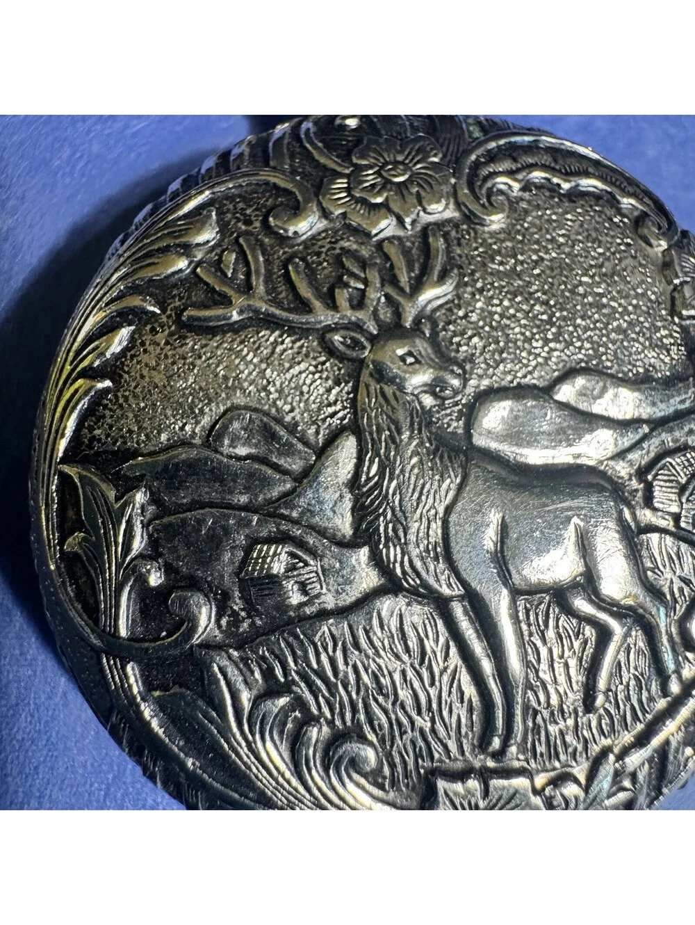 Vtg Hunter Quartz Pocket Watch Embossed Stag Elk Design Silver Tone Chain Japan